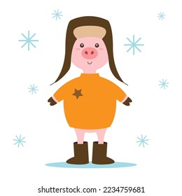 Cartoon cute funny pig winter illustration 