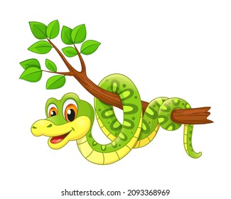 Cartoon Cute Funny Python Snake On Jungle Tree, Vector Green Anaconda. Serpent Animal Or Snake Character, On Forest Tree, Happy Reptile Cobra Or Rattlesnake With Friendly Smile On Face