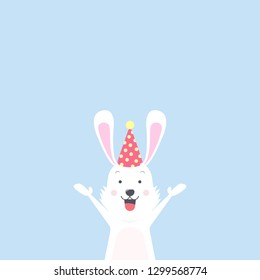 Cartoon cute funny rabbit with red party hat for Copy space, Greeting card, banner, poster,Happy easter, Vector Illustration.