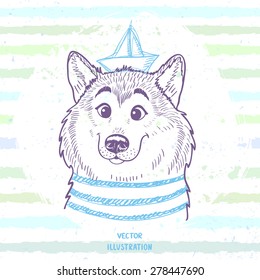 Cartoon cute and funny sailor dog in sketch style. Vector illustration