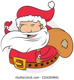 Cartoon cute funny Santa Claus in red clothes with brown stuffed bag