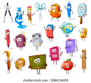 Cartoon cute funny school supplies and stationery characters, vector. Back to school, education books, pencil and blackboard for lessons, eraser, ruler and school bag, paint and pen smiling