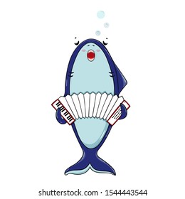 Cartoon cute and funny shark sings a song: Baby shark doo, and plays the accordeon - vector illustration. Hand drawn shark for card or invitation/. and poster