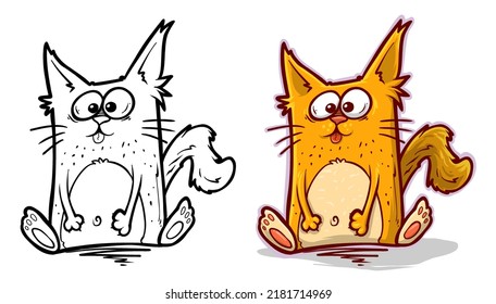 Cartoon cute cute funny sitting little redhead cat. Vector icon isolated on white background.