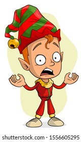 Cartoon cute funny smiling Santa Claus christmas elf in red costume and cap showing surprised sign. Layered vector for animations. Isolated on white background. New Year and Christmas vector icon.