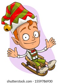 Cartoon cute funny smiling Santa Claus christmas elf in red costume and cap riding on wooden sled. Layered vector for animations. Isolated on white background. New Year and Christmas vector icon.