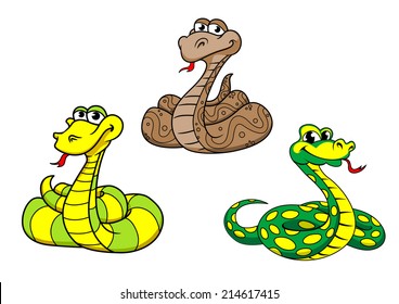 Cartoon cute funny snake characters set with python, boa, rattlesnake. Suitable for animal, kids illustration and wildlife