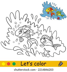 Cartoon cute funny tropical fishes jump out of the water. Coloring book page with colorful template for kids. Vector isolated illustration. For coloring book, print, game, party, design