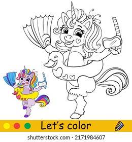 Cartoon cute funny unicorn character with swimming circle duck. Coloring book page with colorful template for kids. Vector isolated illustration. For coloring book, print, game, party, design