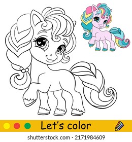 Cartoon cute funny unicorn character. Coloring book page with colorful template for kids. Vector isolated illustration. For coloring book, print, game, party, design