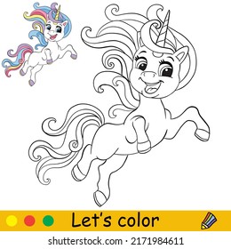 Cartoon cute funny unicorn character. Coloring book page with colorful template for kids. Vector isolated illustration. For coloring book, print, game, party, design