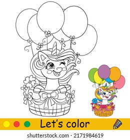 Cartoon cute funny unicorn character on air balloons. Coloring book page with colorful template for kids. Vector isolated illustration. For coloring book, print, game, party, design