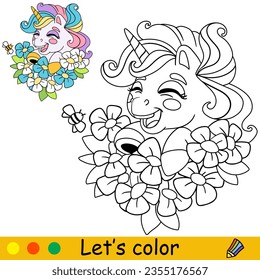 Cartoon cute funny unicorn character with flowers. Coloring book page. Black and white vector isolated illustration with colorful template for kids. For coloring book, print, game, party, design