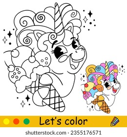 Cartoon cute funny unicorn character with an ice-cream. Coloring book page. Black and white vector isolated illustration with colorful template for kids. For coloring book, print, game, party, design