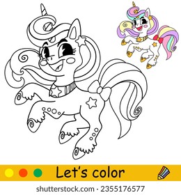 Cartoon cute funny unicorn character. Coloring book page. Black and white vector isolated illustration with colorful template for kids. For coloring book, print, game, party, design