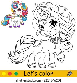 Cartoon cute funny unicorn girl character with jewels. Coloring book page with colorful template for kids. Vector isolated illustration. For coloring book, print, game, party, design