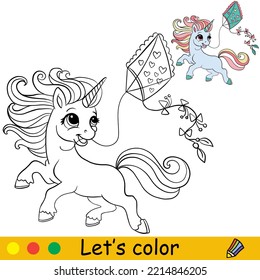 Cartoon cute funny unicorn girl character with kite. Coloring book page with colorful template for kids. Vector isolated illustration. For coloring book, print, game, party, design