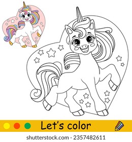 Cartoon cute funny unicorn in a heart. Coloring book page. Black and white vector isolated illustration with colorful template for kids. For coloring book, print, game, party, design