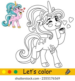 Cartoon cute funny unicorn with hearts character. Coloring book page. Black and white vector isolated illustration with colorful template for kids. For coloring book, print, game, party, design