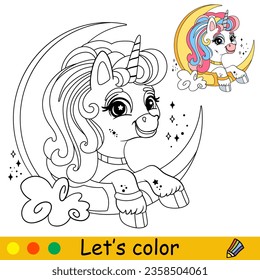 Cartoon cute funny unicorn with moon and cloud. Unicorn character. Coloring book page. Black, white vector isolated illustration with colorful template for kids. For coloring book, print, game, design