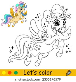 Cartoon cute funny unicorn with wings character. Coloring book page. Black and white vector isolated illustration with colorful template for kids. For coloring book, print, game, party, design