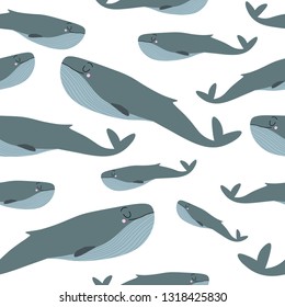 Cartoon, cute and funny vector blue whale. Seamless pattern with the image of a blue whale. Underwater oceanic animal. Illustration for print, textile, wrapping paper.