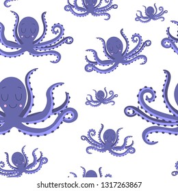 Cartoon, cute and funny vector octopuses. Seamless pattern with the image of an octopus. Underwater oceanic animal. Illustration for print, textile, wrapping paper.