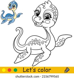 Cartoon cute funny water dinosaur Plesiosaur. Coloring book page with colorful template for kids. Vector isolated illustration. For coloring book, print, game, party, design