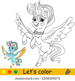 Cartoon cute funny wingled unicorn. Coloring book page. Unicorn character.Black and white vector isolated illustration with colorful template for kids. For coloring book, print, game, party, design