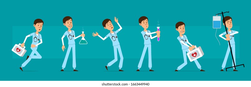 Cartoon cute funny young hospital doctor with stethoscope in uniform. Smart surgeon with flask, first aid kit and drop counter. Ready for animations. Isolated on blue background. Big vector icon set.