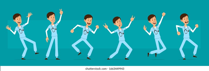 Cartoon cute funny young hospital doctor with stethoscope in uniform. Rock and roll surgeon jumping and dancing. Ready for animations. Isolated on blue background. Big vector icon set.