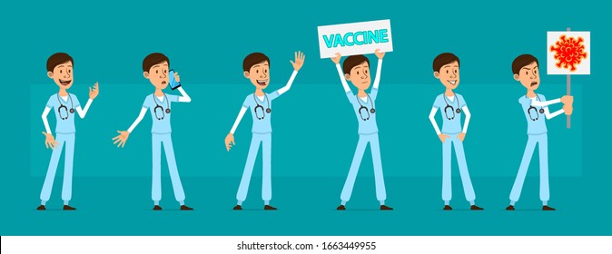 Cartoon cute funny young hospital doctor with stethoscope in uniform. Surgeon with vaccine sign against coronavirus. Ready for animations. Isolated on blue background. Big vector icon set.