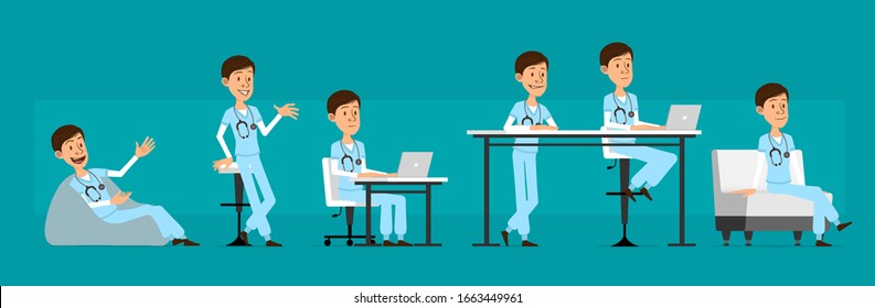 Cartoon süß lustige junge Krankenhausärztin mit Stethoskop in Unifor. Chirurgen, die auf Laptop arbeiten und sich auf dem Sofa mit Kaffee ausruhen. Bereit für Animationen. Einzeln auf blauem Hintergrund. Eine große Vektorillustration Symbol gesetzt.