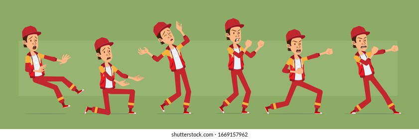 Cartoon cute funny young sportsman guy character in red cap and hoodie. Angry hipster ready to fight. Ready for animations. Isolated on green background. Big vector icon set.