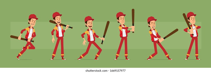 Cartoon cute funny young sportsman guy character in red cap and hoodie.Smiling hipster fighting with baseball bat. Ready for animations. Isolated on green background. Big vector icon set.