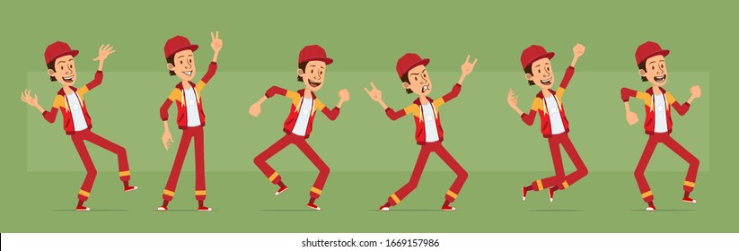 Cartoon cute funny young sportsman guy character in red cap and hoodie. Rock and roll hipster jumping and dancing. Ready for animations. Isolated on green background. Big vector icon set.