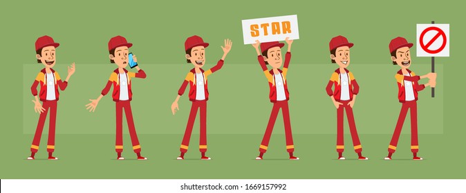 Cartoon cute funny young sportsman guy character in red cap and hoodie. Stop, hello, star and happy gesture. Ready for animations. Isolated on green background. Big vector icon set.