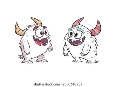 Cartoon cute furry monster with horns - adorable white yeti character for kid's designs and fun arts