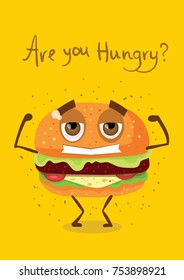 Cartoon cute gamburger character vector illustration and funny hand drawn text Are you hungry
