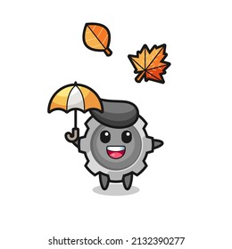 cartoon of the cute gear holding an umbrella in autumn , cute style design for t shirt, sticker, logo element