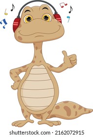 cartoon cute gecko listening to music