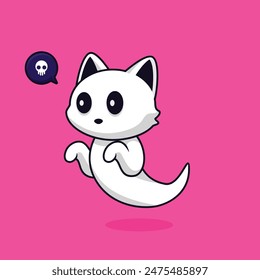 Cartoon cute ghost cat character with skull word balloon