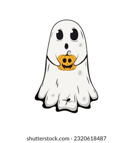 Cartoon cute ghost character holding spooky pumpkin. Funny Hallowwen spooky creatures.Vector illustration