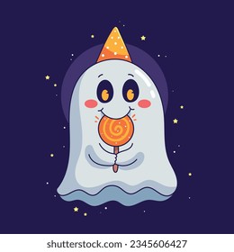 Cartoon cute ghost eat lollipop vector
