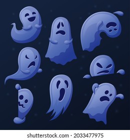 Cartoon cute ghost. Funny ghosts collection, spooked halloween symbols. Spooky phantom, funny emotional spirit. Holiday friendly recent vector elements