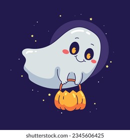 Caricatura lindo fantasma sostiene vector de calabaza