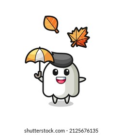 cartoon of the cute ghost holding an umbrella in autumn , cute style design for t shirt, sticker, logo element