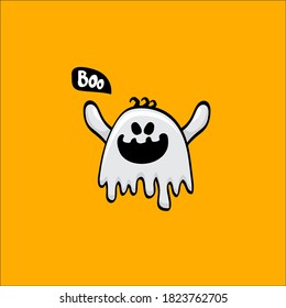 cartoon cute ghost isolated on orange background. Funny boo ghost icon