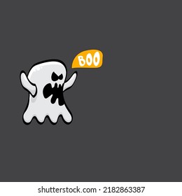 Cartoon cute ghost isolated on grey background. Funny boo ghost icon. Happy Halloween greeting card or banner