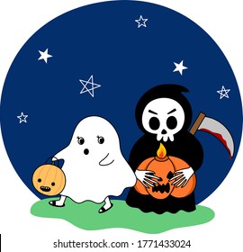 Cartoon of cute ghost and Skeleton Ghost with the pumpkin lamp. Simple cute hand draw line vector and minimal icons flat style Character illustration.
